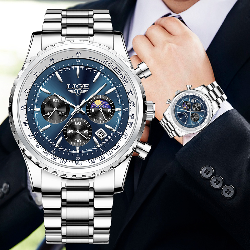 Jewelry Inspired Watches - LIGE 남성용 럭셔리 쿼츠 시계, 문페이즈