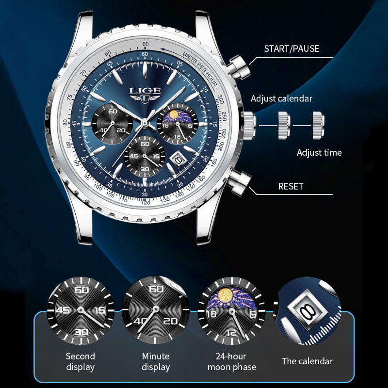 LIGE 남성용 럭셔리 쿼츠 시계, 문페이즈 스테인리스 - Jewelry Inspired Watches 리뷰 및 가격