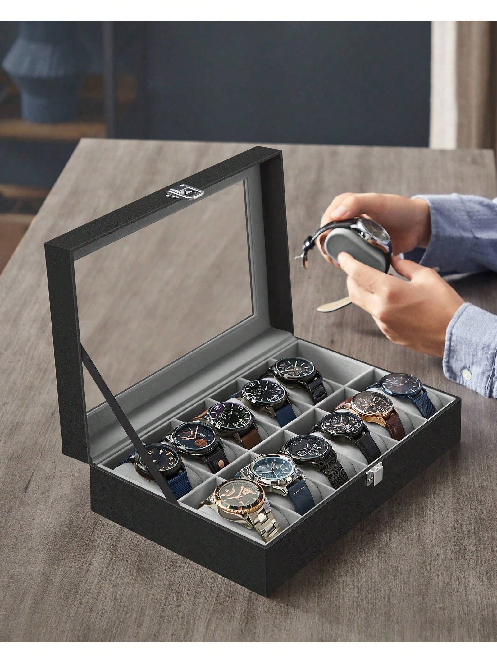 유리 뚜껑과 서랍이 있는 12슬롯 잠금식 시계 상자,  - Jewelry Like Watches 리뷰 및 가격