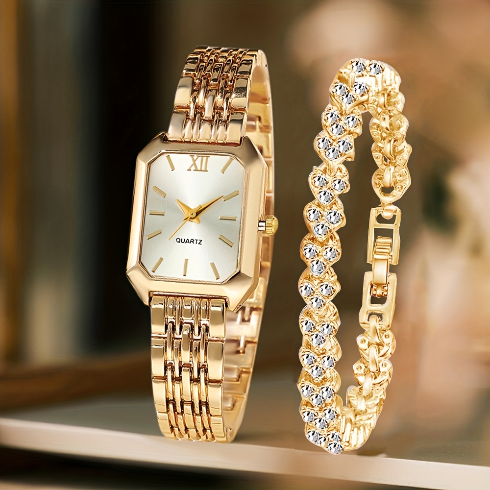 2PCS 패션 직사각형 여성 쿼츠 시계 라인스톤 팔찌  - Jewelry Watches For Women 리뷰 및 가격