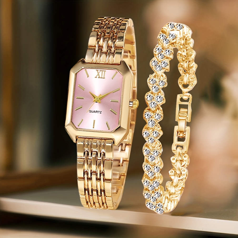 2PCS 패션 직사각형 여성 쿼츠 시계 라인스톤 팔찌  - Jewelry Watches For Women 리뷰 및 가격
