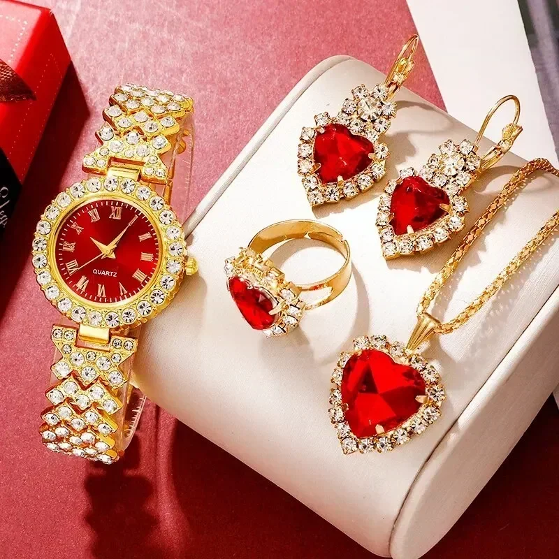 여성용 골든 럭셔리 시계 반지 목걸이 귀걸이 라인석 패 - Jewelry Watches For Ladies 리뷰 및 가격